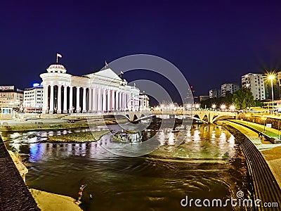 Macedonian archaeological museum in Skopje at night Editorial Stock Photo