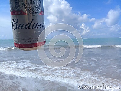 MACEIO, AL, BRAZIL - May 12, 2019: Budweiser cold beer and a beautiful sky and sea behind Editorial Stock Photo