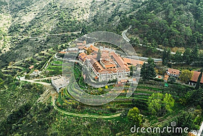 Machairas Monastery in Cyprus Mountains near Nicosia. Aerial view from drone of ancient historic building Stock Photo