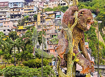 Machin monkey sculpture with Carmen hill borough in background, Guayaquil, Ecuador Editorial Stock Photo