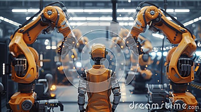 Machine arm working at production line while engineer checking robot. AIG42. Stock Photo