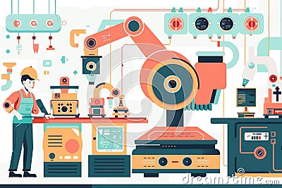 Machine arm working at production line while engineer checking robot. AIG42. Stock Photo