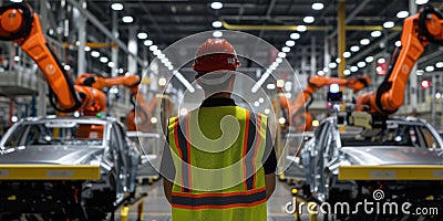 Machine arm working at production line while engineer checking robot. AIG42. Stock Photo