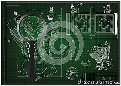 Machine building drawing. Motorcycle engine Vector Illustration