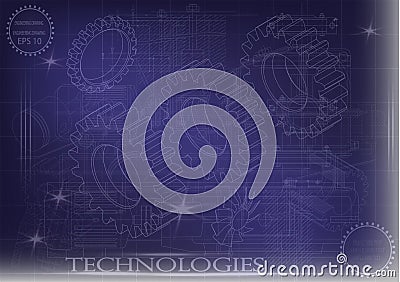 Machine-building drawings on a blue background, wheels. Vector Illustration