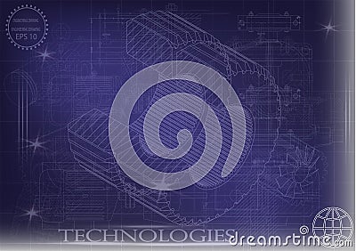 Machine-building drawings on a blue background, wheels. Vector Illustration