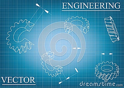 Machine-building drawings on a blue - gray background, wheels. Vector Illustration