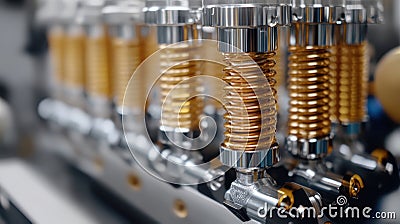 A machine features numerous springs actively engaged in operation, demonstrating mechanical functionality and precision Stock Photo