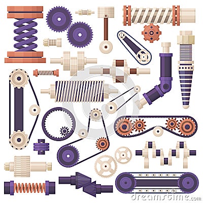 Machine gear parts, machinery, engine industry equipment. Industrial machine parts, pipes and screws vector illustration Vector Illustration