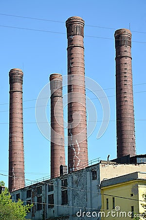 Machine hall and chimneys of the central power plant of the Belgian joint-stock company `Electric Illumination of St. Petersburg` Stock Photo
