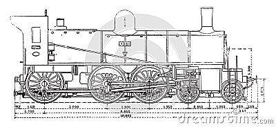 Machine has three axles and the bogey couples, the Western Railway, vintage engraving Vector Illustration