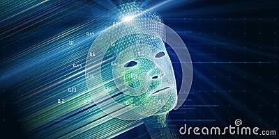 Machine learning. Abstract polygonal 3d wireframe head on dark background with blurred lines and lens effects. Big data. Data Stock Photo