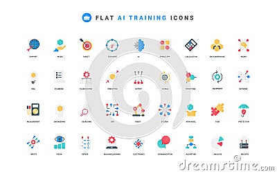 Machine learning, AI training, automatic data analysis and classification color icon set Vector Illustration