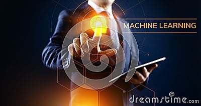 Machine learning artificial intelligence concept. Businessman pressing virtual button. Stock Photo