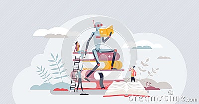 Machine learning as robot reading books with AI tech tiny person concept Vector Illustration