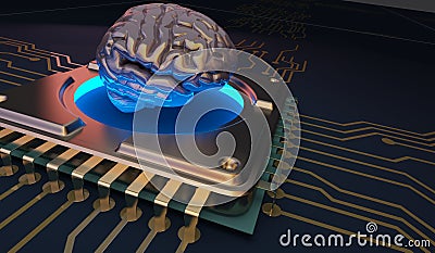 Machine learning Brain symbol on circuit board 3d Rendering Stock Photo