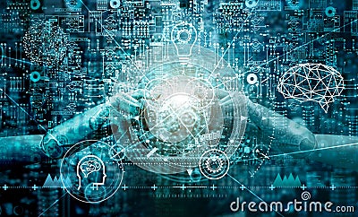 Hand of robots touching on binary data. Futuristic Artificial intelligence AI. Stock Photo