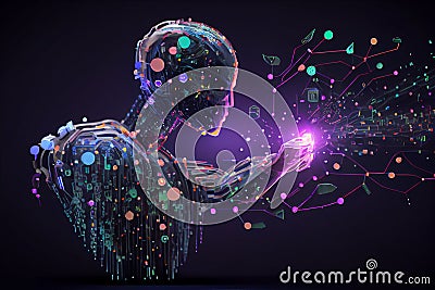 Machine learning. Hand touch a robot on network and binary data.generative ai Stock Photo