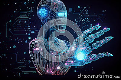 Machine learning. Hand touch a robot on network and binary data.generative ai Stock Photo
