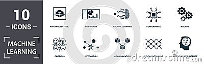 Machine Learning icon set. Contain filled flat machine learning, machine, dashboard, artificial intelligence, emotions, Stock Photo