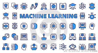 Machine learning icons line design blue. Machine, learning, ai, ml, artificial, deep learning, chip, brain, neuron Vector Illustration