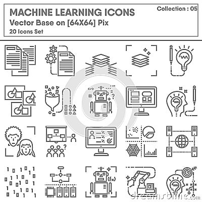 Machine Learning and Intelligence Technology Icons Set, Icon Collection of Science Innovation and Computer Analysis System. Stock Photo
