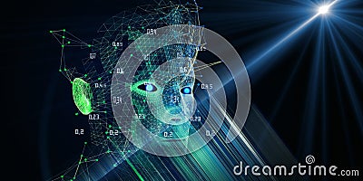 Machine learning. Polygonal technology background with 3d wireframe head , blurred lines and lens effects. Artificial intelligence Stock Photo