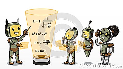 Machine learning - Robots learning mathematics equations Vector Illustration