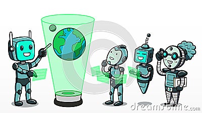 Machine learning - Robots learning about planet earth Vector Illustration
