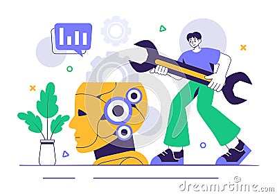 Machine Learning Vector Illustration featuring Artificial Intelligence Jobs, Scientists Working with Big Data and Technology Vector Illustration