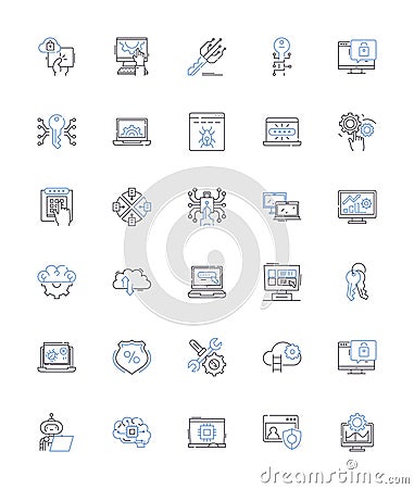 Machine line icons collection. Automation, Robotics, Mechanism, Engine, Appliance, Assembly, Contraption vector and Vector Illustration