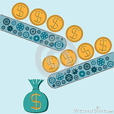 The machine makes dollar denominated gold coins. Vector Illustration