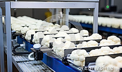 A Machine in Motion: A Conveyor Belt Filled With an Abundance of Fresh, White Cauliflower Stock Photo