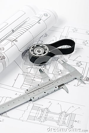 Machine part ad belt with caliper, blueprint Stock Photo