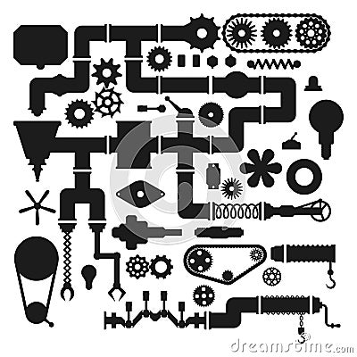 Machine parts mechanism vector silhouette mechanical manufacturing work detail design gear equipment industry technical Vector Illustration