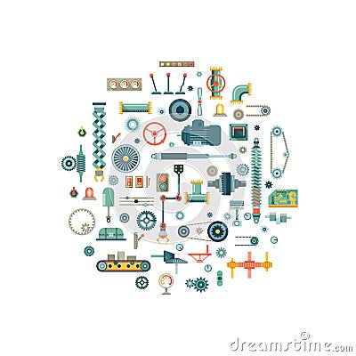 Machine parts flat vector icons in circle composition Vector Illustration