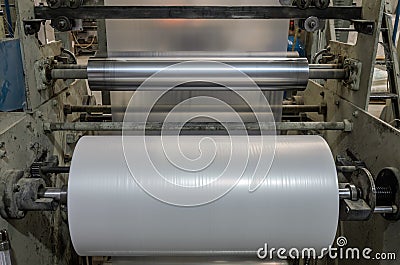 Machine with polyethylene for the production of plastic bags Stock Photo