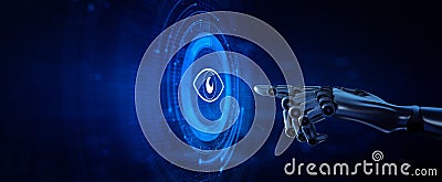 Machine vision AI artificial intelligence concept. Robot hand Pressing button 3d render. Stock Photo