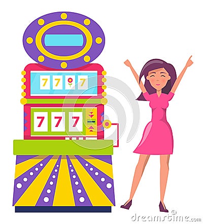 Machine for Winning Money, Happy Gambler Woman Vector Illustration
