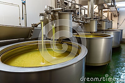 food oil liquid industry factory tanks olive production industrial machinery. Generative AI. Stock Photo