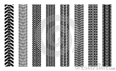 Machinery tires track set, tire ground imprints isolated, vehicles tires footprints, tread brushes, seamless transport ground Vector Illustration