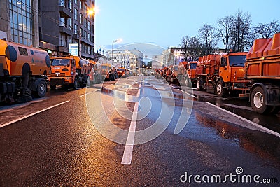 Machines for cleaning streets at night in the center of Moscow, Russia Editorial Stock Photo