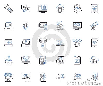 Machines and contraptions line icons collection. Automation, Robot, Gadget, Invention, Engine, Mechanism, Apparatus Vector Illustration