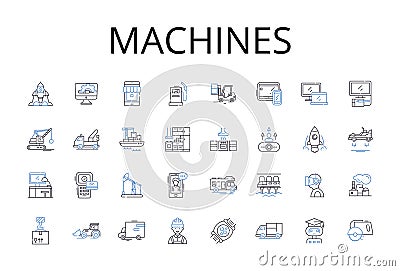 Machines line icons collection. Gearworks, Automatons, Mechanisms, Contraptions, Robotics, Engines, Apparatuses vector Vector Illustration