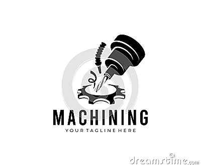 Machining, CNC milling machine makes a gear, logo design. Metalworking, coolant and lubrication in gear metalwork industry, vector Vector Illustration
