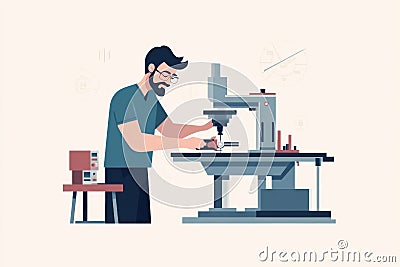 Machinist working on advanced machinery in a minimalist workshop setting showcasing precision and skill Stock Photo
