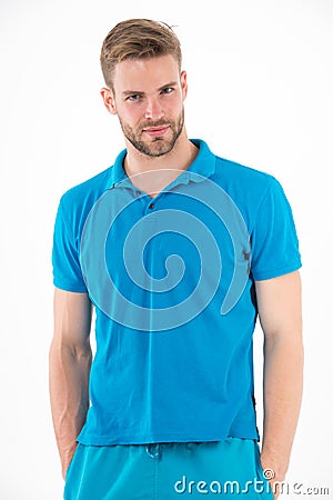 Macho in active wear for workout or training. Man in tshirt and shorts isolated on white background. Bearded man in blue Stock Photo