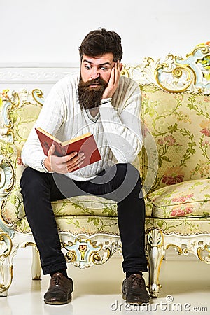 Macho on disgusted face reading book. Scandalous bestseller concept. Man with beard and mustache sits on baroque style Stock Photo