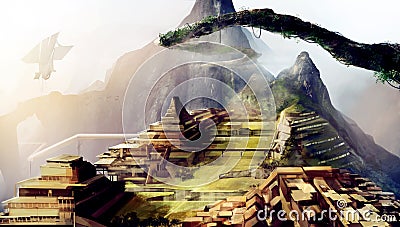 Fantasy sci-fi Machu Picchu artwork landscape. Cartoon Illustration