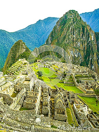 Machu Picchu - lost city of Incas. Historical citadel above Sacred Valley with Urubamba River in Peru Stock Photo
